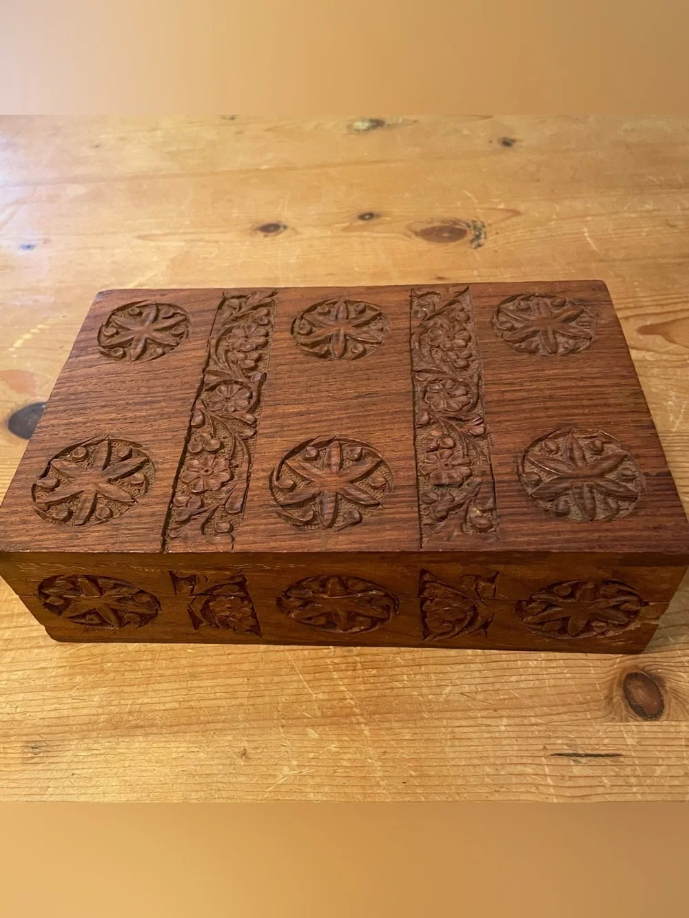 Vintage Hand Carved Wooden Jewelry Box Keepsakes Trinket Box Floral India